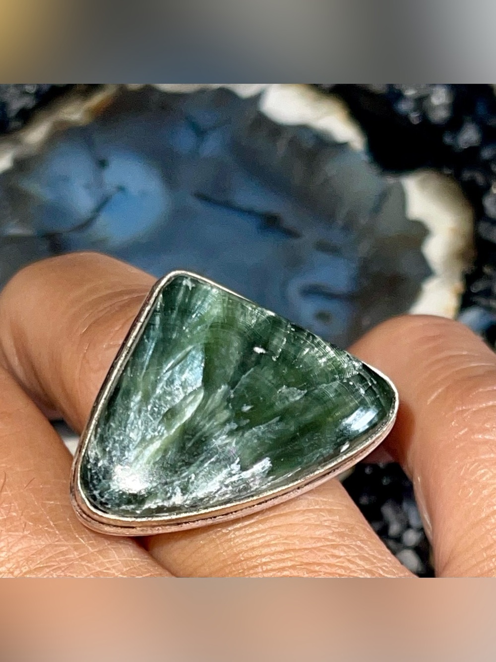 Silver Green Seraphinite Crystal Ring 8 1/4